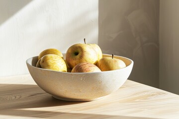 Sunlight Bathes a Plate of Fresh Apples on a Wooden Table in a Serene Indoor Setting