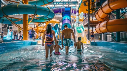 A diverse group of individuals are strolling through a water park, enjoying the various attractions and activities - Powered by Adobe
