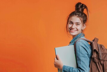 Young Female Student With Backpack Smiling Over Orange Background