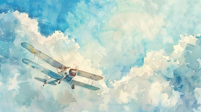Whimsical watercolor of a miniature airplane ascending in a sky painted with strokes of light blue and soft white clouds