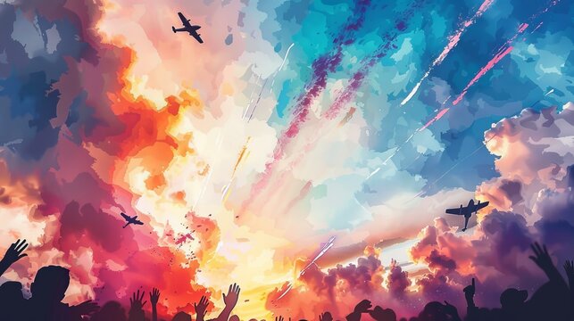 Whimsical watercolor of toy airplanes racing across a sunset sky, with playful contrails and a cheering crowd, great for competitive event posters