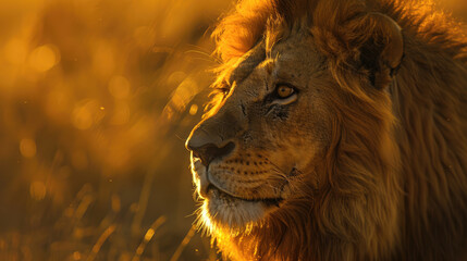 The wild lion's majestic head is illuminated by the soft glow of golden hour light in its savanna grasslands habitat created with Generative AI Technology