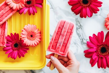Hand Holding a Strawberry Ice Pop Over a Yellow Tray Surrounded by Pink Flowers