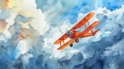 Imaginative watercolor painting of a child's toy airplane adventure, navigating through stormy clouds, ideal for storybook illustrations