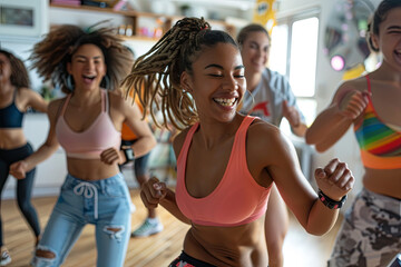Friends gather to participate in a lively Zumba dance workout in a home setting