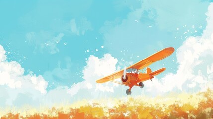 Fototapeta premium Pastel watercolors illustrate a cheerful scene of a newborn airplane gleefully navigating the peaceful, sunny sky