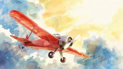Pastel watercolors illustrate a cheerful scene of a newborn airplane gleefully navigating the peaceful, sunny sky - obrazy, fototapety, plakaty