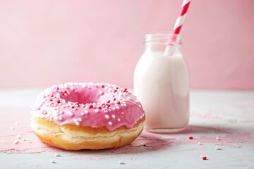 Vibrant Pink Donut With Sprinkles Next to a Glass of Milk on a Rustic Table