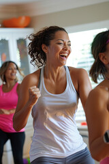Fototapeta premium Friends gather to participate in a lively Zumba dance workout in a home setting