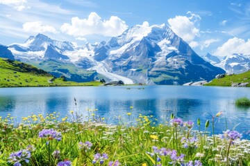 Serene Mountain Lake on a Sunny Day Reflecting Snow-Capped Peaks and Lush Greenery