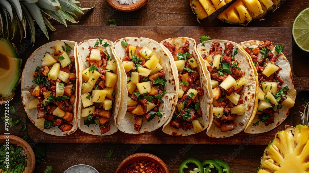 Wall mural Tacos al Pastor with pineapple arranged on a wooden cutting board - Wall murals