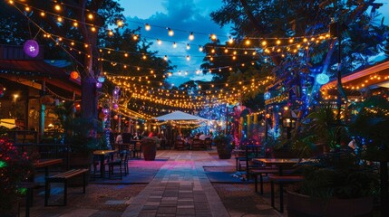 A wide-angle shot capturing a walkway adorned with vibrant lights next to trees in an outdoor event space at dusk - obrazy, fototapety, plakaty