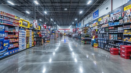 Spacious interior of a busy auto parts store with multiple aisles filled with various products