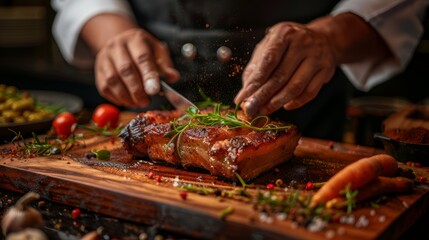 A chefs hands expertly slicing through a pork belly on a wooden cutting board with fresh culinary ingredients nearby