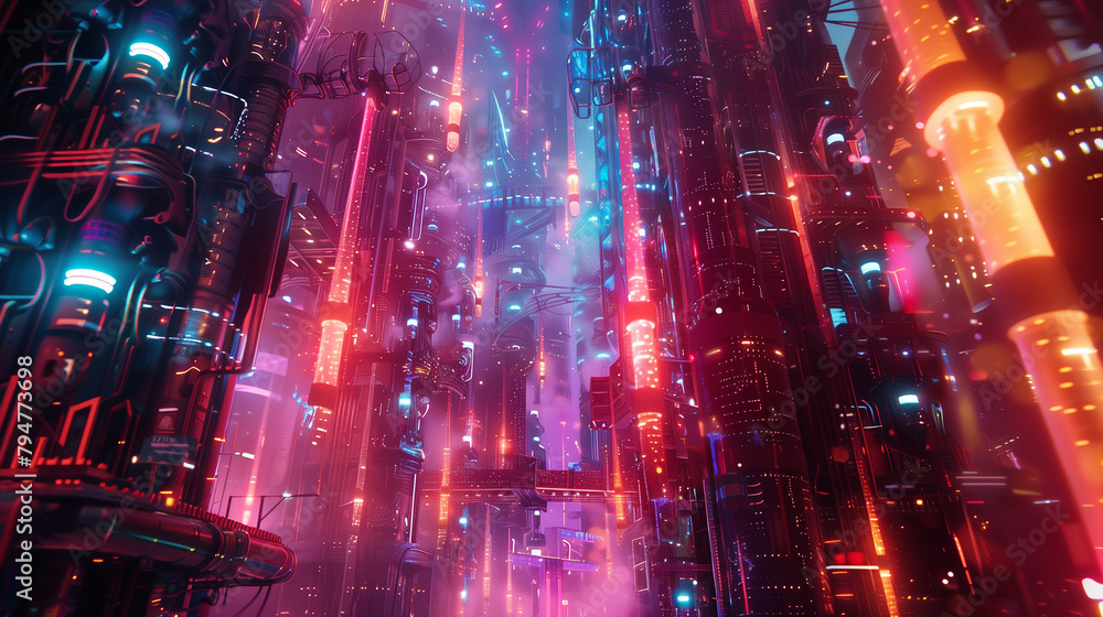 Poster a surreal landscape where the viewer is immersed within the intricate pathways of an electrical circ