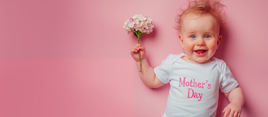 Fototapeta premium Mothers Day. Baby congratulates mom on Mother's Day. With copy space.