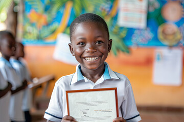 Elated pupil proudly displays a newly acquired award, embodying scholastic achievement, perseverance, and the joy of accomplishment