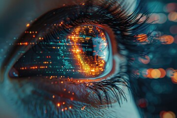 A cybernetic eye scanning through layers of code, identifying threats and vulnerabilities in a vast digital landscape