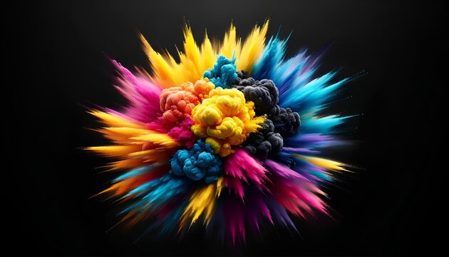 A vibrant CMYK explosion depicting a dynamic burst of cyan, magenta, yellow, and black toner splatters against a white background, symbolizing creativity and the printing process.