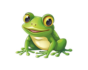 Obraz premium Cheerful cartoon frog with big eyes sitting and smiling. isolated on a transparent background. Generative AI
