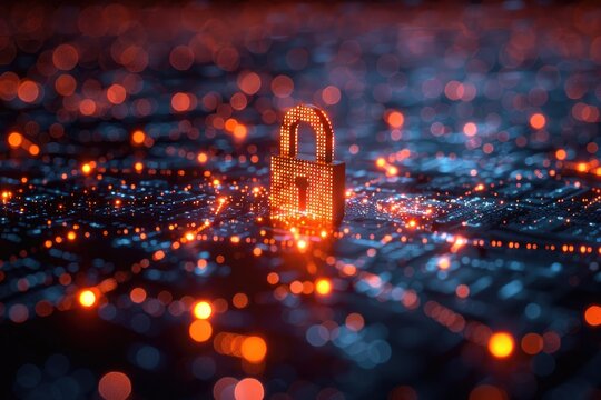 A symbolic lock made of digital code, representing encryption and data protection, against a backdrop of global internet traffic