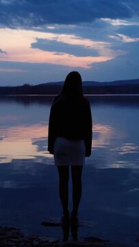 The silhouette of a lonely young girl standing at dusk on the shore of the lake after sunset. The girl admires nature. A mirror image of the cloudy sky on the water. Vertical video, shorts.
