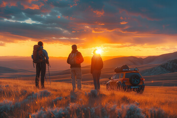 A sunset car ride in the mountains with adventure-seeking friends standing beside the car admiring the spectacular sunset over a serene mountain landscape - 794775023