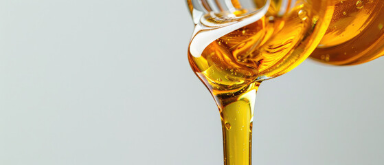 thick yellow clear organic honey liquid flowing out of the mouth of a glass bottle isolated on a white background created with Generative AI Technology