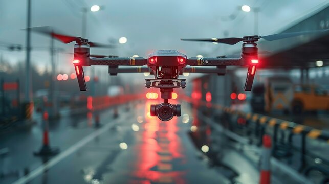 Futuristic border control checkpoint equipped with AI face recognition and drone surveillance