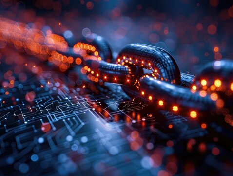 Futuristic blockchain technology encrypting a financial transaction, visualized as digital pathways of secure data exchange