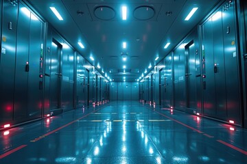 High-security financial data center, with biometric access controls and futuristic encryption technology