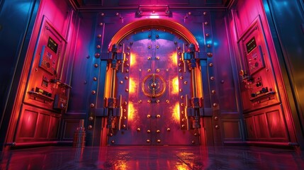 High-security vault door in a bank, featuring biometric scans, retina scanners, and a massive steel lock mechanism