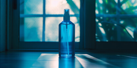 A blue bottle of spray sitting on a wooden floor