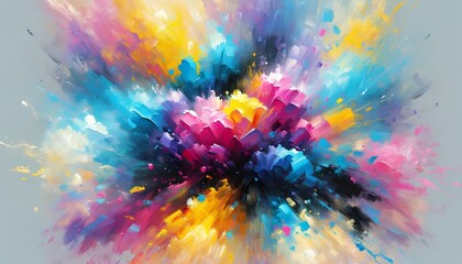 A vibrant CMYK explosion depicting a dynamic burst of cyan, magenta, yellow, and black toner splatters against a white background, symbolizing creativity and the printing process.