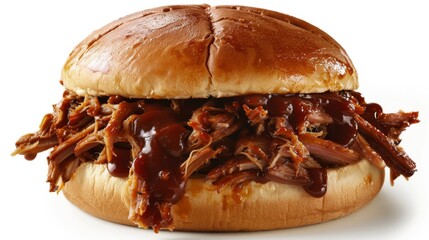 Sumptuous pulled pork on a bun, slow-cooked to perfection, smothered in a rich barbecue sauce, ideal for Southern food promotions, isolated setting
