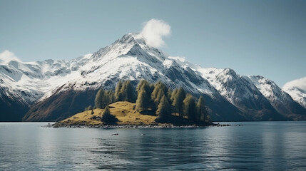 a mountain with snow on its peak covered in clouds across the lake