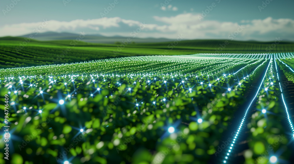 Poster a field of green grass with a bright light shining on it. the light is creating a sense of wonder an