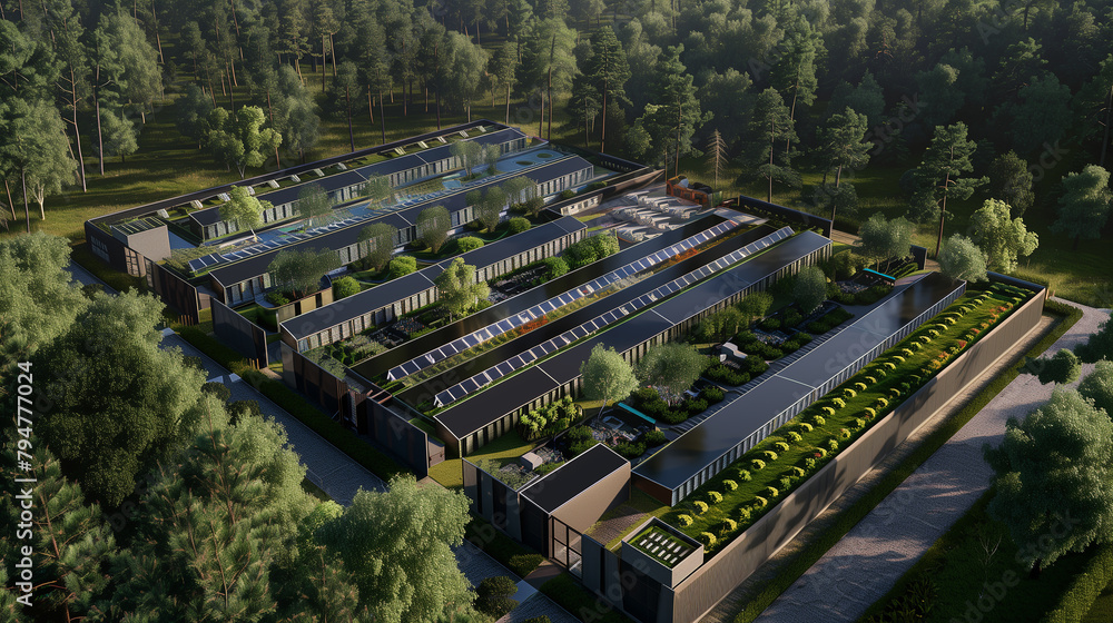 Poster a large green field with a large building in the middle. trees surround the building and has a lot o