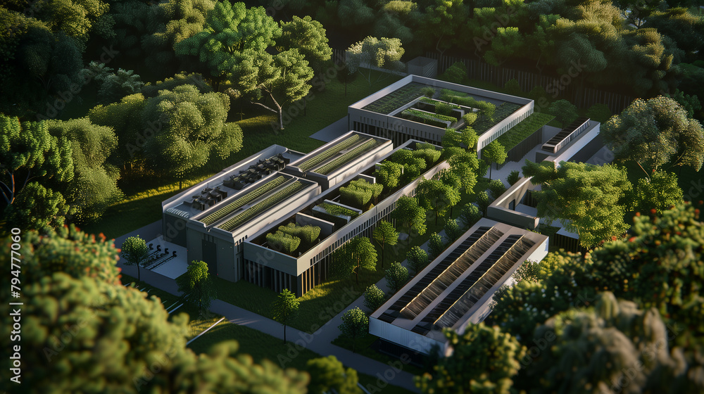 Poster a large green field with a large building in the middle. trees surround the building and has a lot o