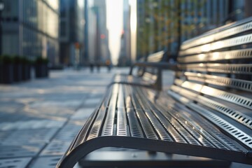Fototapeta na wymiar A closeup view of a bench on a city street, showcasing clean lines and a minimalist aesthetic
