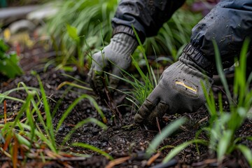 A person wearing black gloves and gardening gloves delicately plants native shrubs