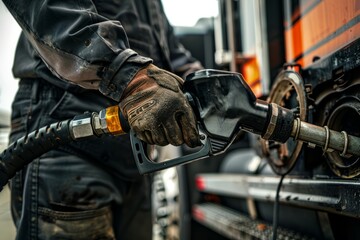 A man is filling up a truck with gas at a gas station. The image focuses on the closeup of his hands gripping the fuel nozzle - obrazy, fototapety, plakaty