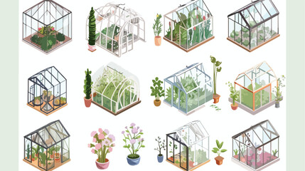 Bundle of various glass greenhouses with plants flower