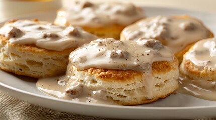 Hearty Southern breakfast of fluffy biscuits smothered in creamy sausage gravy, warm tones, isolated on a neutral background, studio lighting