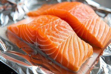 Two raw salmon fillets neatly arranged on a shiny foil wrapper, emphasizing their freshness and ready for cooking