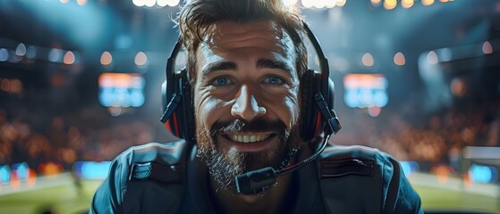 Passionate sports commentator hosts lively online football broadcast from energetic stadium. Concept Sports Commentary, Online Broadcast, Football, Energetic Stadium, Passionate Host