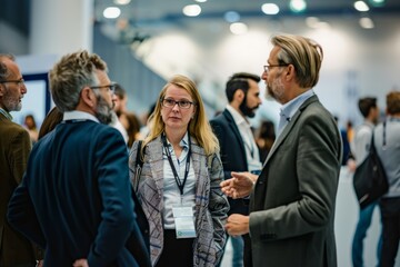 A group of professionals engaged in conversations while standing around at a business conference