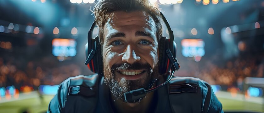 Passionate sports commentator hosts lively online football broadcast from energetic stadium. Concept Sports Commentary, Online Broadcast, Football, Energetic Stadium, Passionate Host