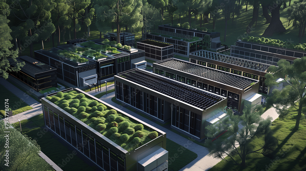 Poster a large green field with a large building in the middle. trees surround the building and has a lot o