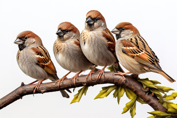 Image of group of sparrows on a branch on white background. Birds, Animals, Illustration, Generative AI.